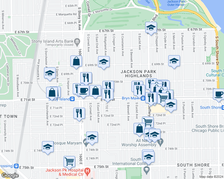 map of restaurants, bars, coffee shops, grocery stores, and more near 7026 South Cregier Avenue in Chicago