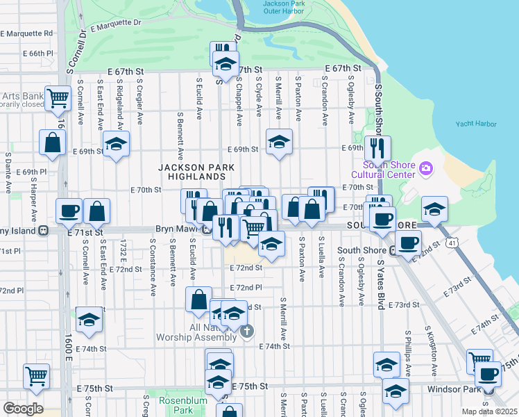 map of restaurants, bars, coffee shops, grocery stores, and more near 7026 South Clyde Avenue in Chicago