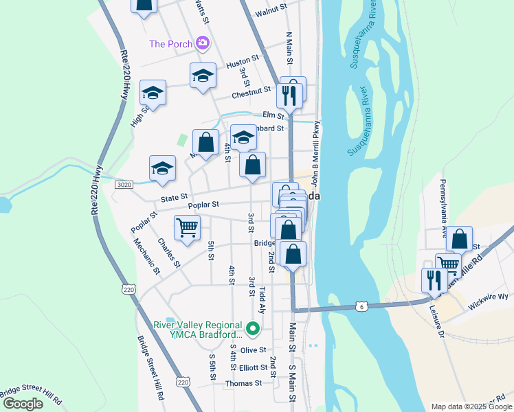 map of restaurants, bars, coffee shops, grocery stores, and more near 105 Poplar Street in Towanda