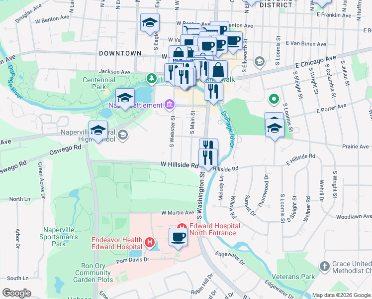 map of restaurants, bars, coffee shops, grocery stores, and more near 629 South Main Street in Naperville
