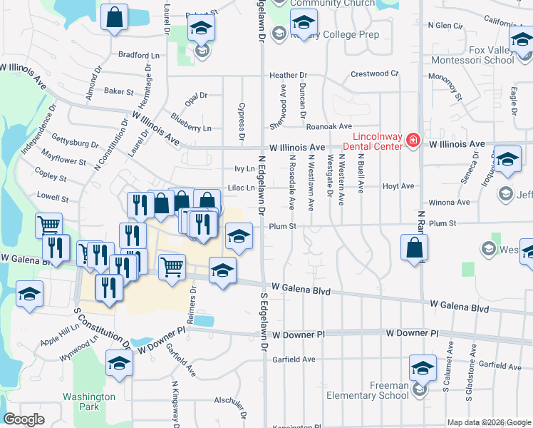 map of restaurants, bars, coffee shops, grocery stores, and more near 511 North Edgelawn Drive in Aurora