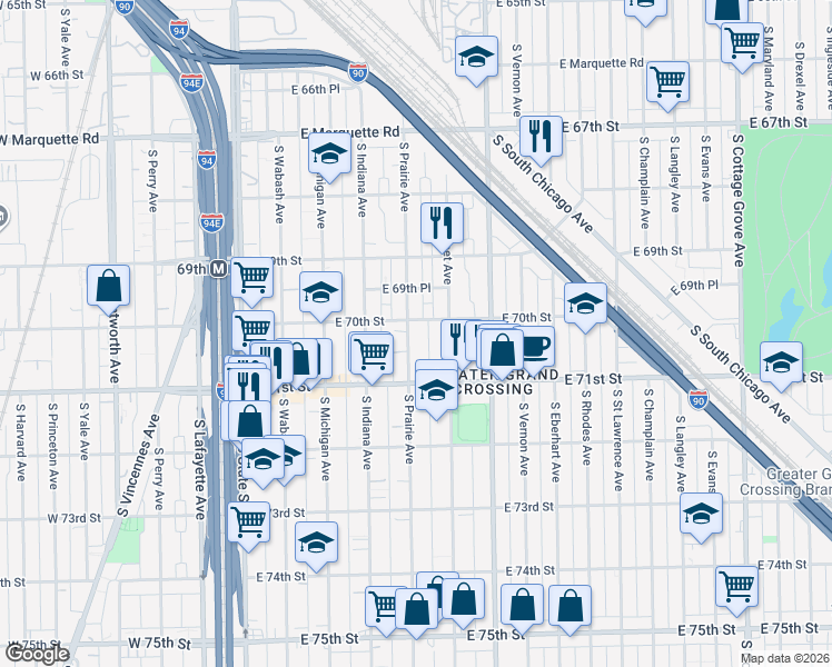 map of restaurants, bars, coffee shops, grocery stores, and more near 314 East 70th Street in Chicago
