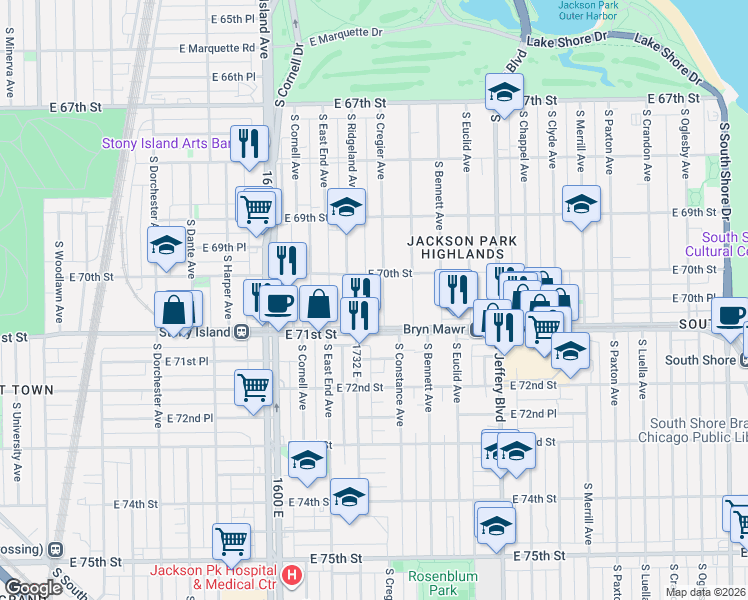 map of restaurants, bars, coffee shops, grocery stores, and more near 7026 South Cregier Avenue in Chicago