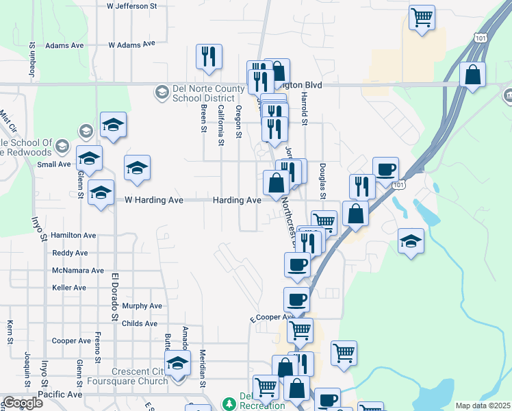 map of restaurants, bars, coffee shops, grocery stores, and more near 12 Harding Avenue in Crescent City