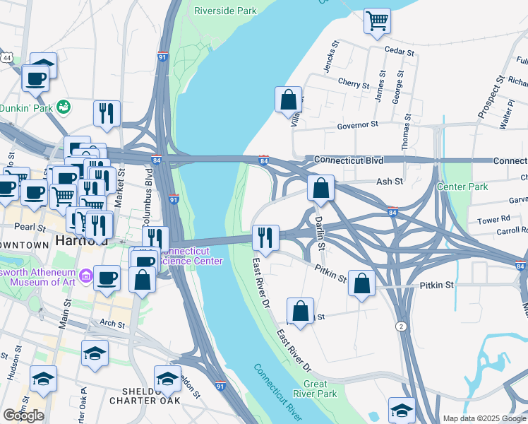 map of restaurants, bars, coffee shops, grocery stores, and more near 99 East River Drive in East Hartford