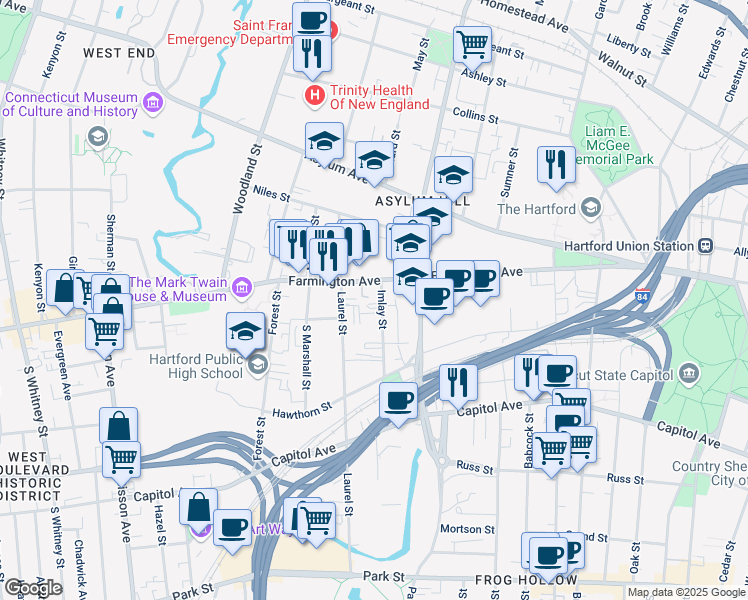map of restaurants, bars, coffee shops, grocery stores, and more near 235 Farmington Avenue in Hartford