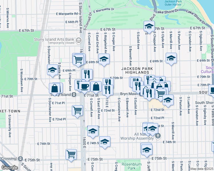 map of restaurants, bars, coffee shops, grocery stores, and more near 7012 South Cregier Avenue in Chicago