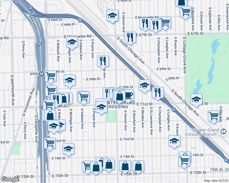 map of restaurants, bars, coffee shops, grocery stores, and more near 7001 South King Drive in Chicago