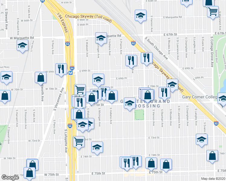 map of restaurants, bars, coffee shops, grocery stores, and more near 214 East 70th Street in Chicago