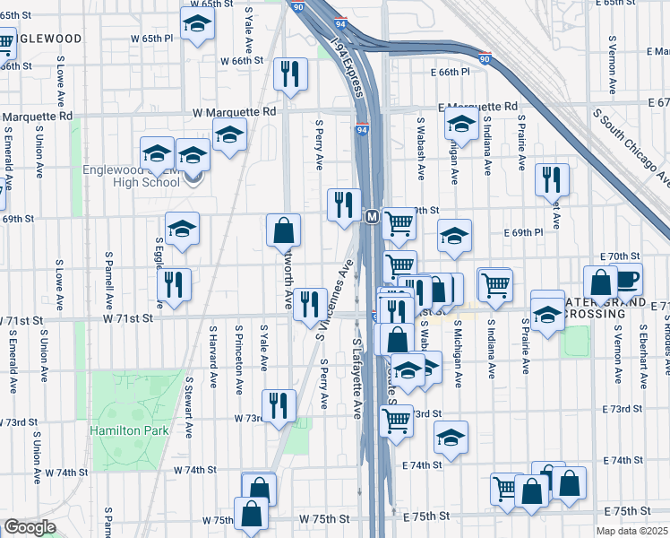 map of restaurants, bars, coffee shops, grocery stores, and more near 6960 South Vincennes Avenue in Chicago