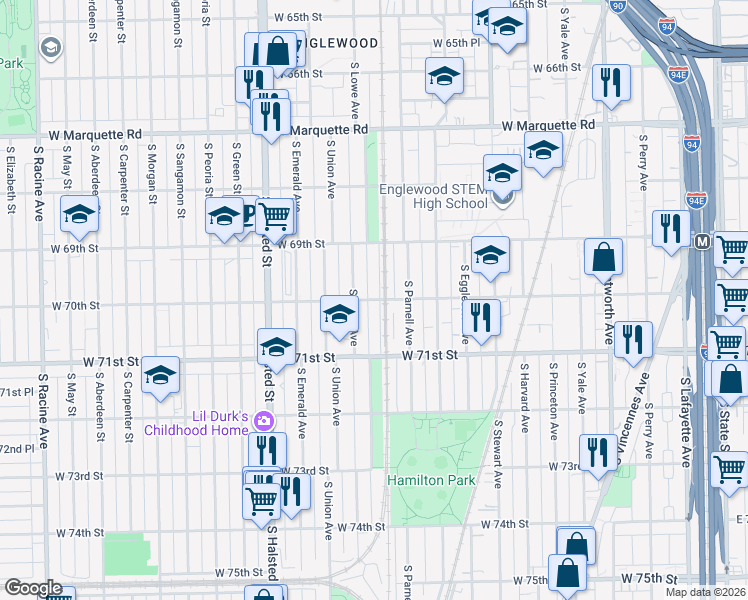map of restaurants, bars, coffee shops, grocery stores, and more near 6949 South Lowe Avenue in Chicago