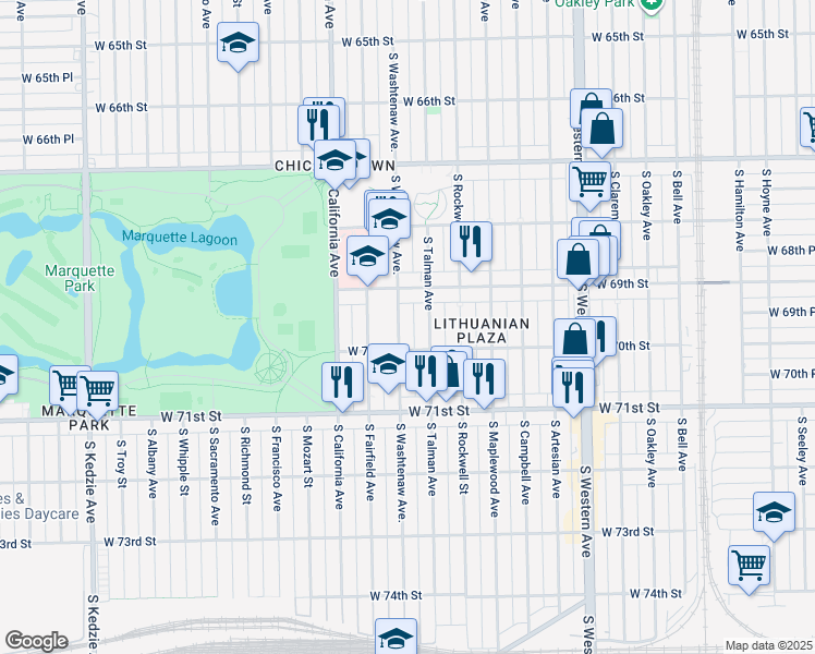 map of restaurants, bars, coffee shops, grocery stores, and more near 6924 South Talman Avenue in Chicago