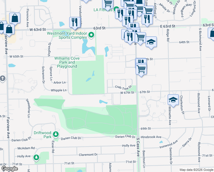 map of restaurants, bars, coffee shops, grocery stores, and more near 1525 Apple Grove Lane in Westmont
