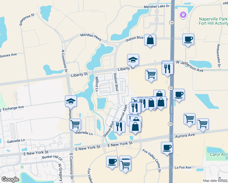 map of restaurants, bars, coffee shops, grocery stores, and more near 803 Station Boulevard in Aurora
