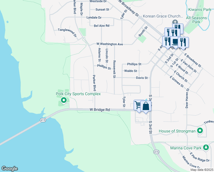 map of restaurants, bars, coffee shops, grocery stores, and more near 804 Roosevelt Street in Polk City
