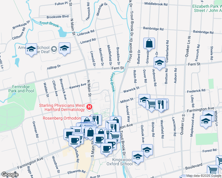 map of restaurants, bars, coffee shops, grocery stores, and more near 130 Loomis Drive in West Hartford