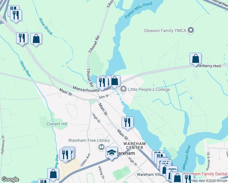 map of restaurants, bars, coffee shops, grocery stores, and more near 21 Elm Street in Wareham