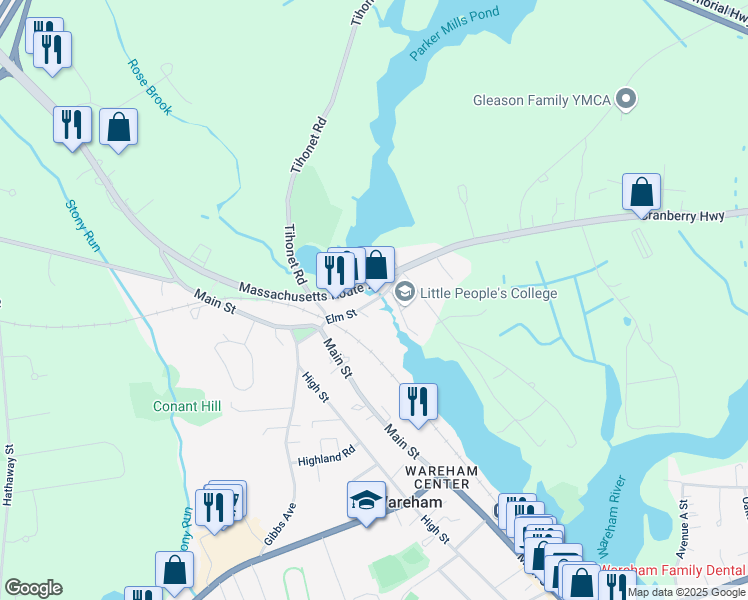 map of restaurants, bars, coffee shops, grocery stores, and more near 21 Elm Street in Wareham