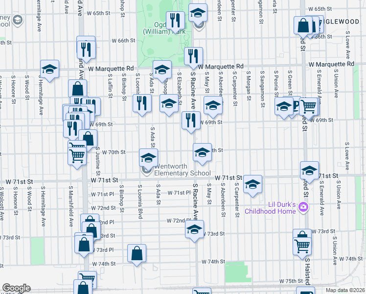 map of restaurants, bars, coffee shops, grocery stores, and more near 6942 South Elizabeth Street in Chicago