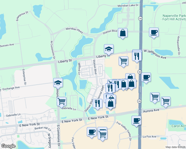 map of restaurants, bars, coffee shops, grocery stores, and more near 733 Station Boulevard in Aurora