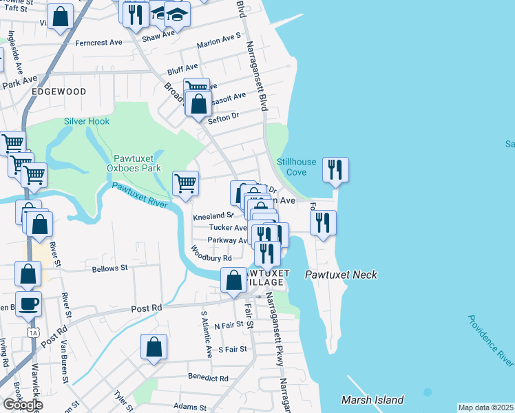 map of restaurants, bars, coffee shops, grocery stores, and more near 157 Ocean Avenue in Cranston