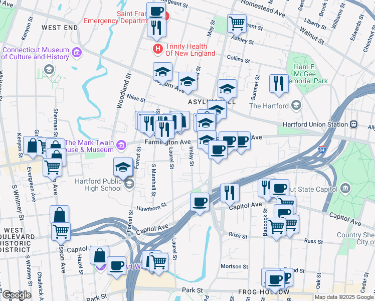 map of restaurants, bars, coffee shops, grocery stores, and more near 235 Farmington Avenue in Hartford