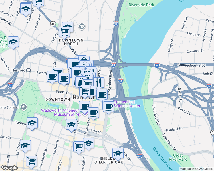 map of restaurants, bars, coffee shops, grocery stores, and more near 211 Constitution Plaza in Hartford
