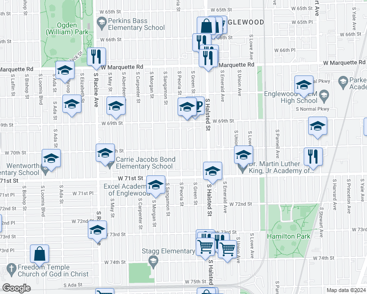 map of restaurants, bars, coffee shops, grocery stores, and more near 6951 South Peoria Street in Chicago