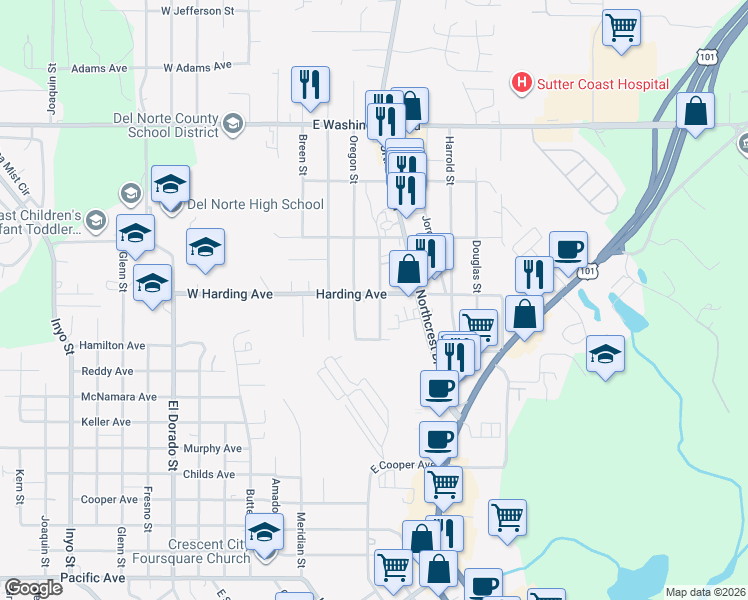 map of restaurants, bars, coffee shops, grocery stores, and more near 303-333 East Harding Avenue in Crescent City