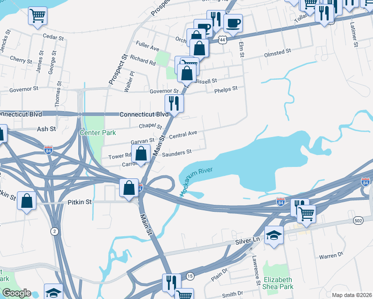 map of restaurants, bars, coffee shops, grocery stores, and more near 76 Saunders Street in East Hartford
