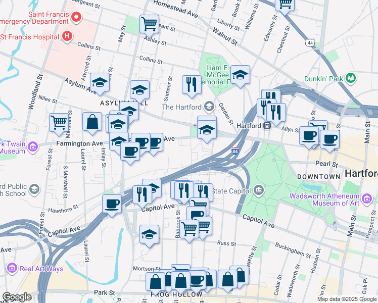 map of restaurants, bars, coffee shops, grocery stores, and more near 69 Farmington Avenue in Hartford