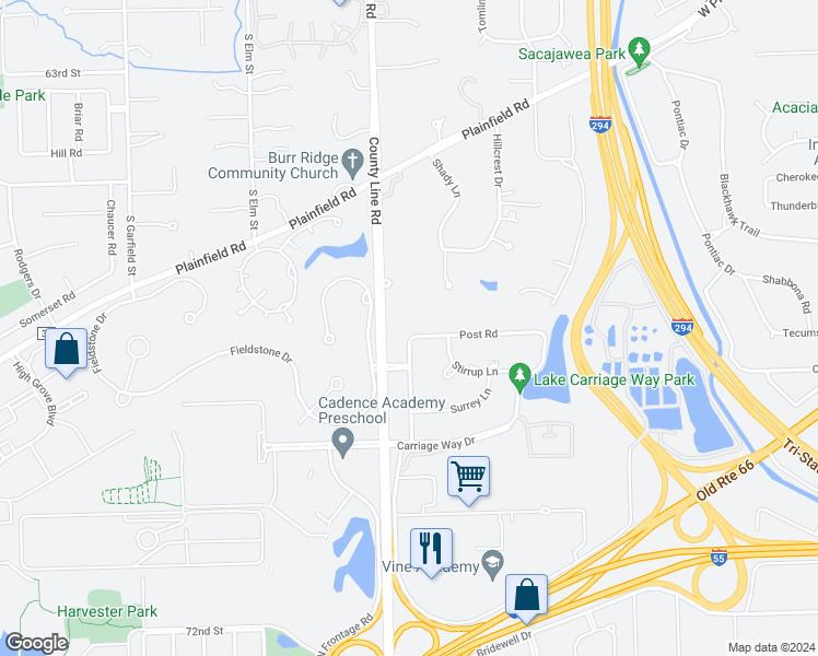 map of restaurants, bars, coffee shops, grocery stores, and more near 111 Post Road in Burr Ridge