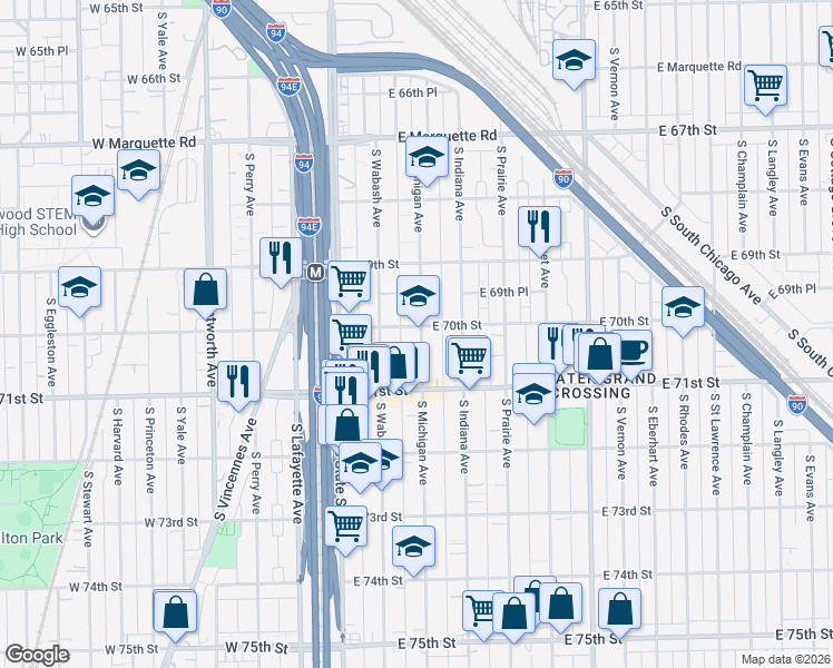 map of restaurants, bars, coffee shops, grocery stores, and more near 7000 South Michigan Avenue in Chicago