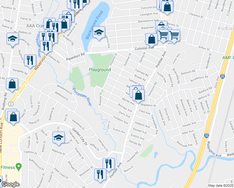 map of restaurants, bars, coffee shops, grocery stores, and more near 77 Myrtle Avenue in Cranston