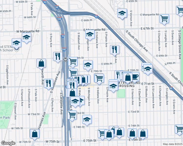 map of restaurants, bars, coffee shops, grocery stores, and more near 7001 South Michigan Avenue in Chicago