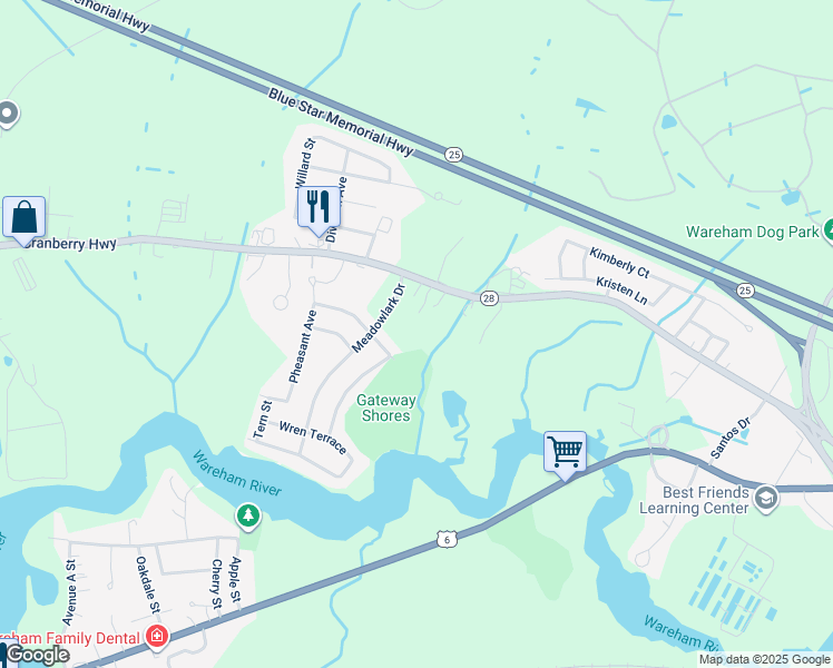 map of restaurants, bars, coffee shops, grocery stores, and more near 8 Meadowlark Drive in Wareham