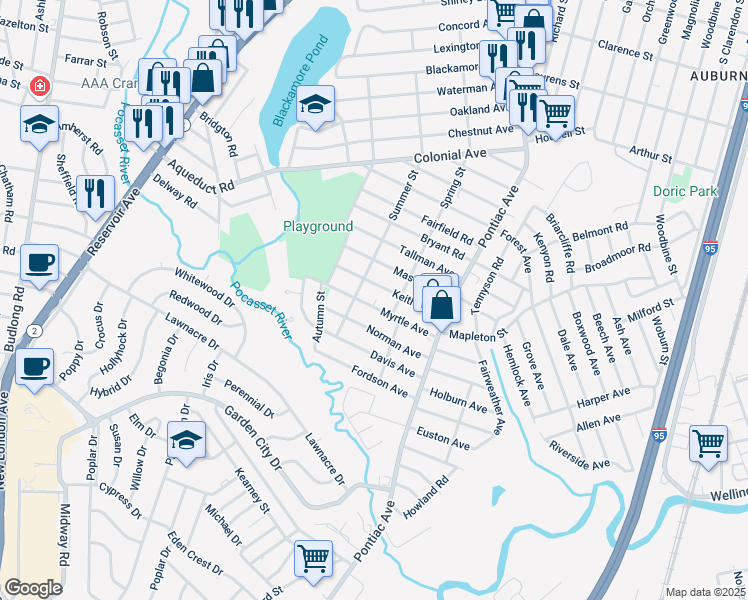 map of restaurants, bars, coffee shops, grocery stores, and more near 78 Keith Avenue in Cranston