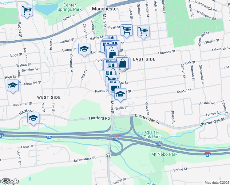 map of restaurants, bars, coffee shops, grocery stores, and more near 212 Connecticut 83 in Manchester