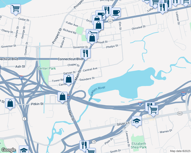map of restaurants, bars, coffee shops, grocery stores, and more near 76 Saunders Street in East Hartford