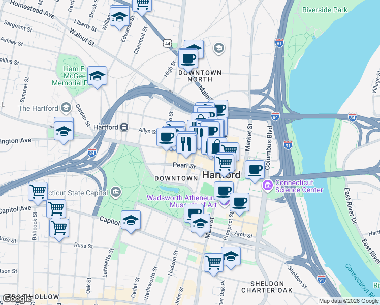 map of restaurants, bars, coffee shops, grocery stores, and more near in Hartford