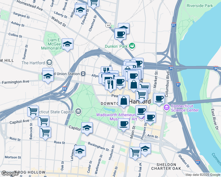 map of restaurants, bars, coffee shops, grocery stores, and more near 129 Ann Uccello Street in Hartford