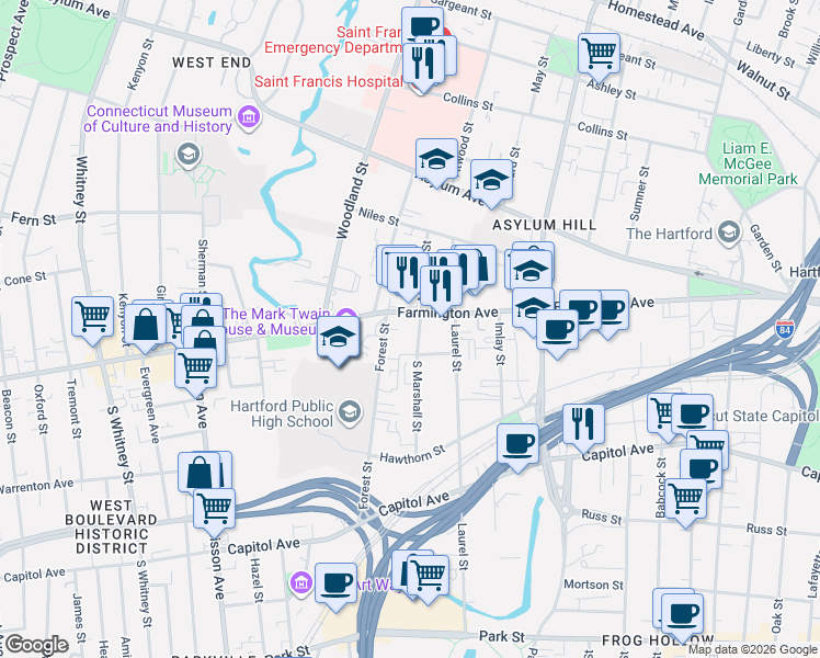map of restaurants, bars, coffee shops, grocery stores, and more near in Hartford