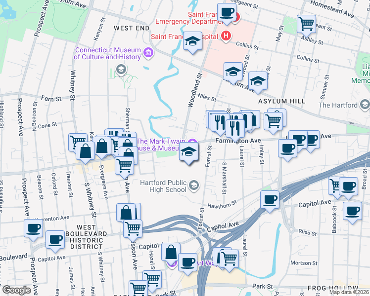 map of restaurants, bars, coffee shops, grocery stores, and more near 367 Farmington Avenue in Hartford