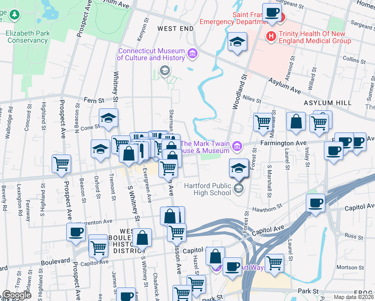 map of restaurants, bars, coffee shops, grocery stores, and more near 14 Lorraine Street in Hartford