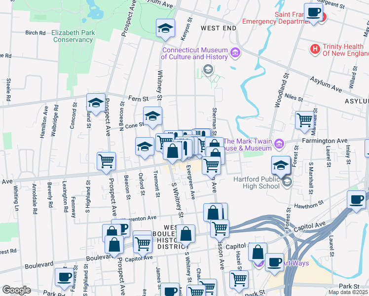 map of restaurants, bars, coffee shops, grocery stores, and more near 28 Kenyon Street in Hartford