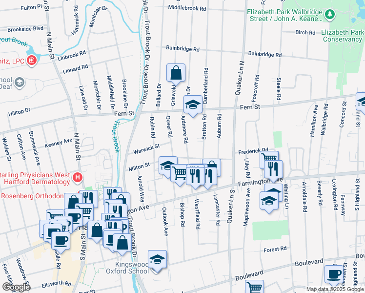 map of restaurants, bars, coffee shops, grocery stores, and more near 97 Ardmore Road in West Hartford