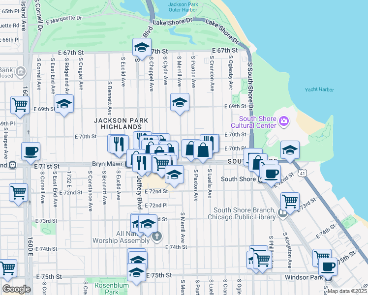 map of restaurants, bars, coffee shops, grocery stores, and more near 7014 South Merrill Avenue in Chicago
