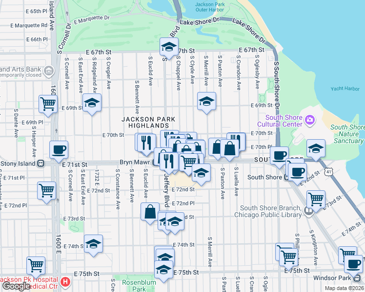 map of restaurants, bars, coffee shops, grocery stores, and more near 7019 South Chappel Avenue in Chicago