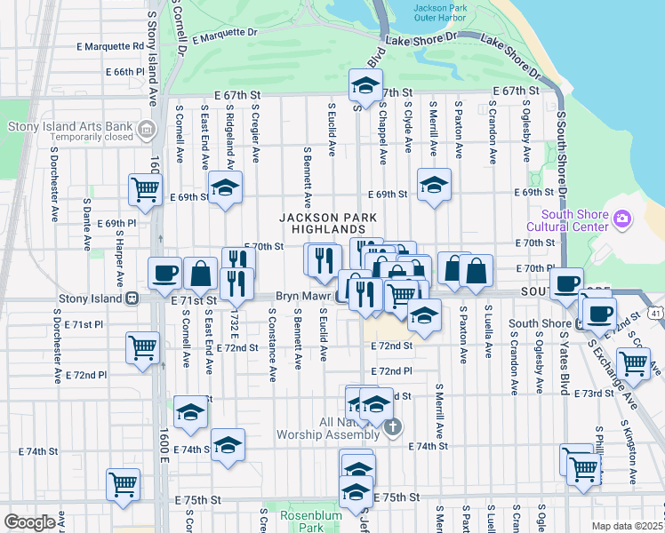 map of restaurants, bars, coffee shops, grocery stores, and more near 7011 South Euclid Avenue in Chicago