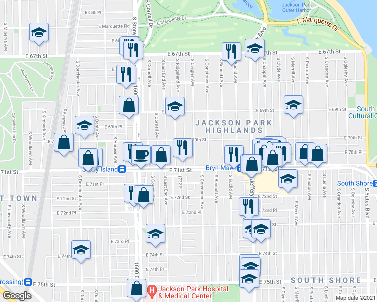 map of restaurants, bars, coffee shops, grocery stores, and more near 7012 South Cregier Avenue in Chicago